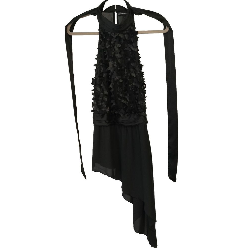 NY&C Sexy Fun Little Black Dress Asymmetrical Butterflies sleeveless Preloved L